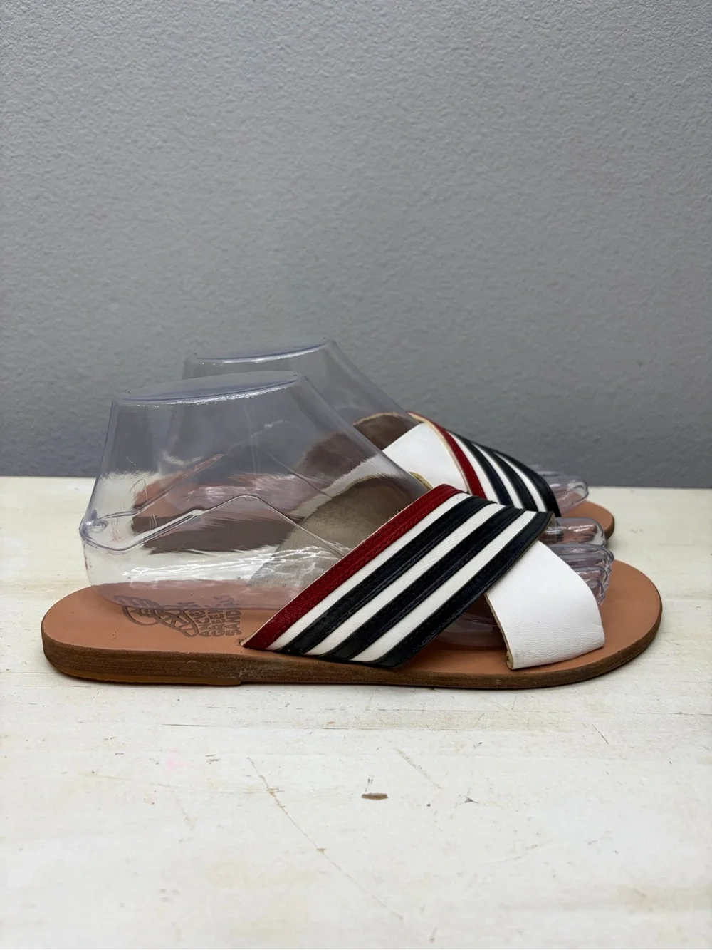 Ancient Greek Thais Red, White, And Blue Cross Cross Slide Sandals Size 39